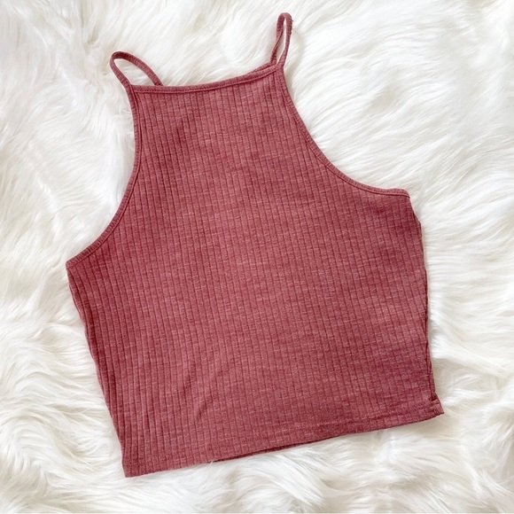 ✨ Charlotte Russe Ribbed Mauve Pink Rose Crop Halter Tank Top Size S - Picture 1 of 9